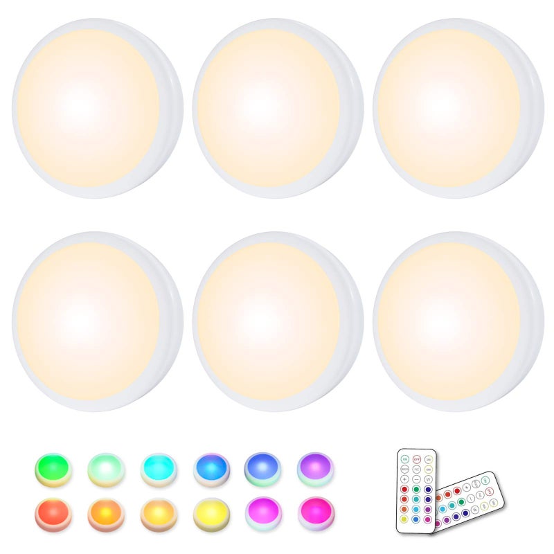 HELPLEX LED Puck Lights with Remote, 6 Pack Color Changing RGBW Stick-On Light, Battery Powered, Dimmable Under Cabinet Lighting with Timer & Memory, Wireless Push Lights for Kitchen & Closet - Image 1